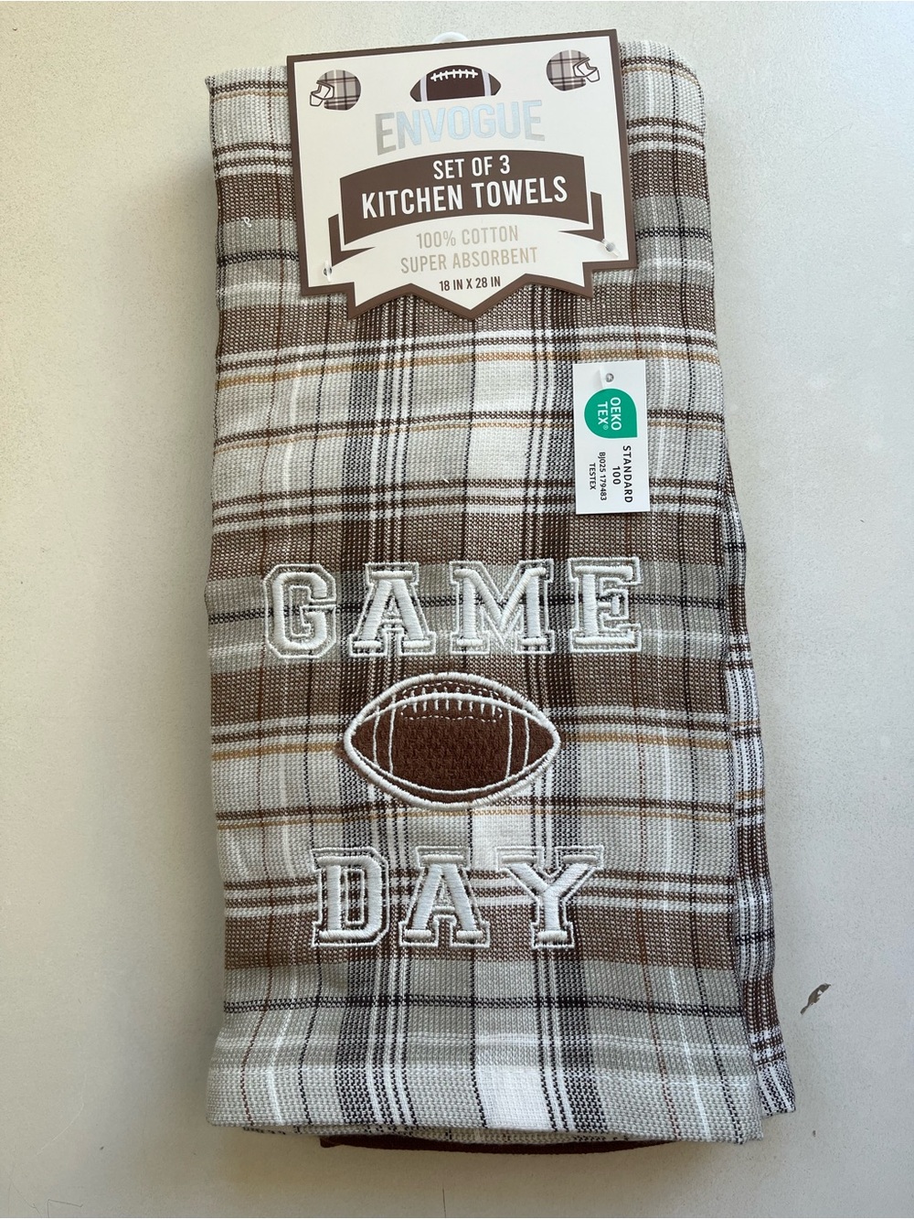 Envogue Football Brown and White Plaid 'Game Day' Cotton Kitchen Towel -Set of 3